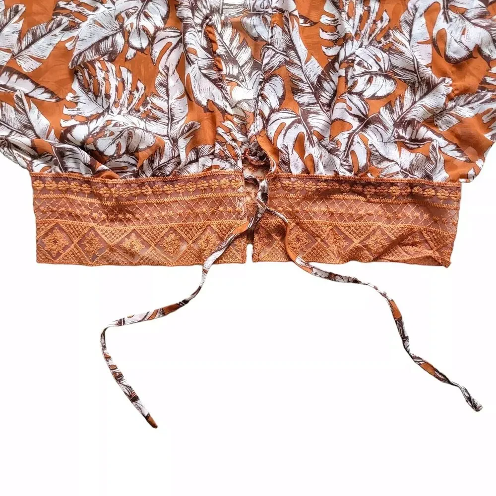 TIMING Blouse Womens XL Orange Wide Sleeve Lace Tie Front Tropical Print Boho - Picture 6 of 7